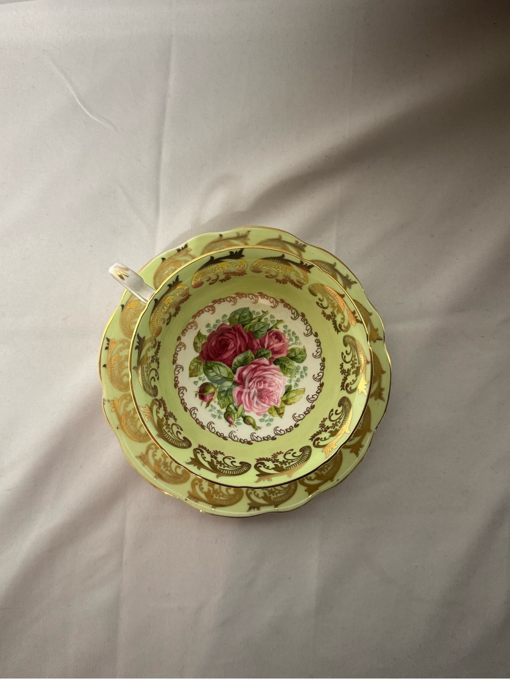 Vintage Mint Green EB Foley Scalloped Tea Cup & Saucer W/ Pink, Red Roses & Gold